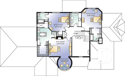 2nd level - 3 master suites house plan with formal dining and living room, 3-car garage, 3 fireplaces, home office - Colibri