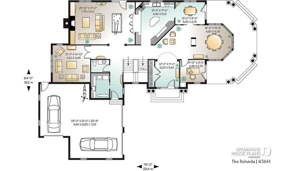 1st level - Lakefront 4 to 5 bedroom house plan, 3-car garage, large bonus room, master suite, office, media room - The Rotunda