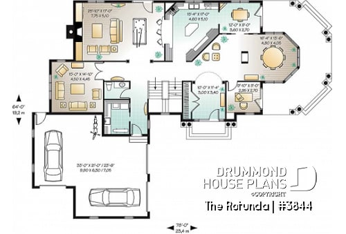 1st level - Lakefront 4 to 5 bedroom house plan, 3-car garage, large bonus room, master suite, office, media room - The Rotunda