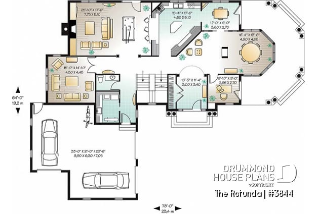 1st level - Lakefront 4, 5, 6 bedroom house plan, 3-car garage, large bonus room, master suite, office, media room - The Rotunda