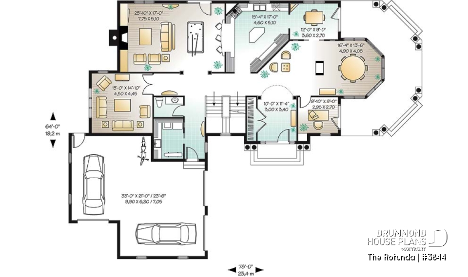 1st level - Lakefront 4 to 5 bedroom house plan, 3-car garage, large bonus room, master suite, office, media room - The Rotunda