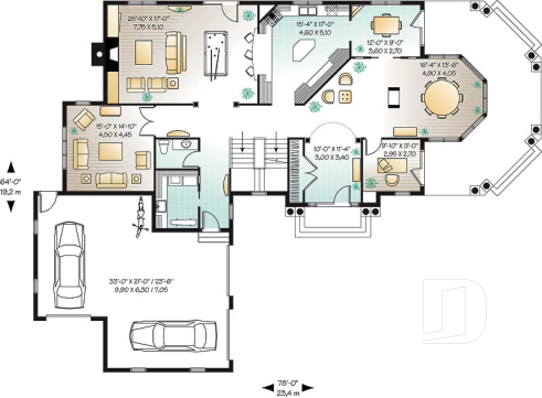 1st level - Lakefront 4 to 5 bedroom house plan, 3-car garage, large bonus room, master suite, office, media room - The Rotunda