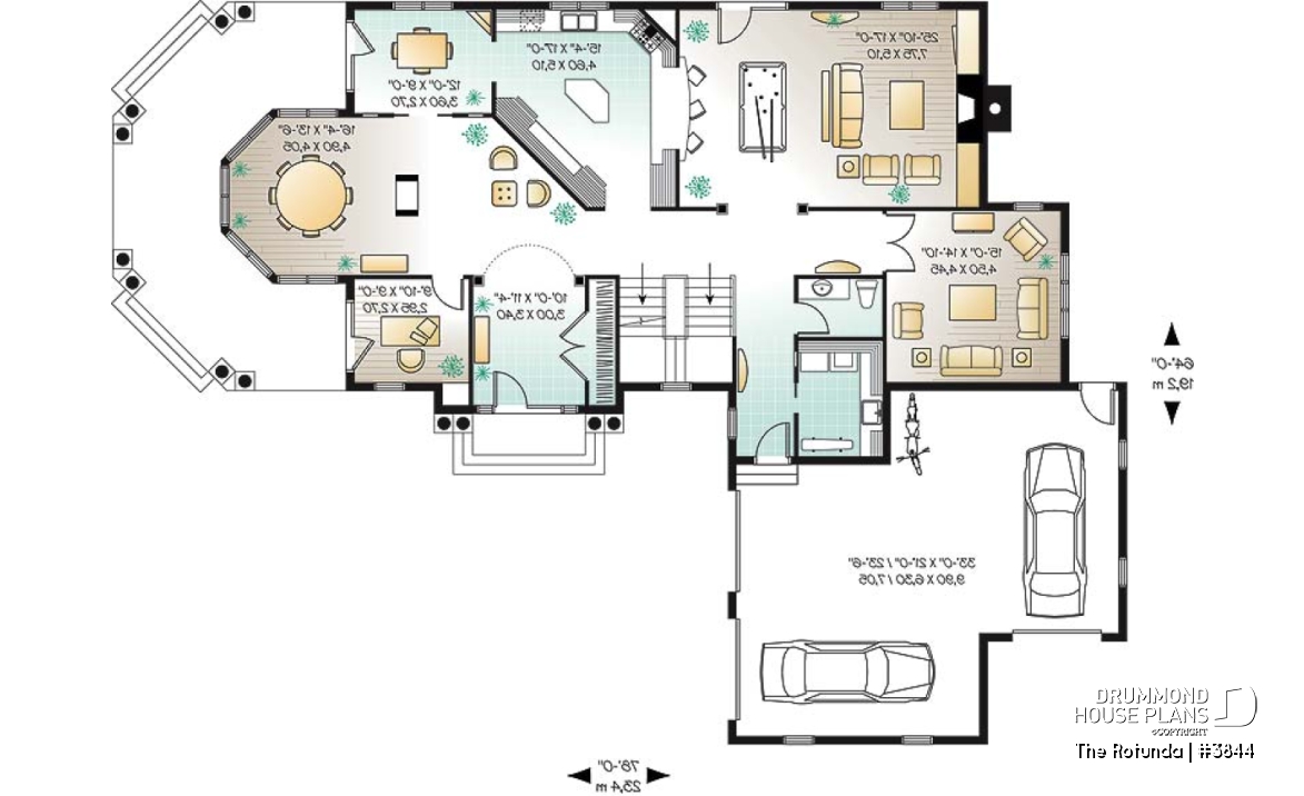 1st level - Lakefront 4 to 5 bedroom house plan, 3-car garage, large bonus room, master suite, office, media room - The Rotunda