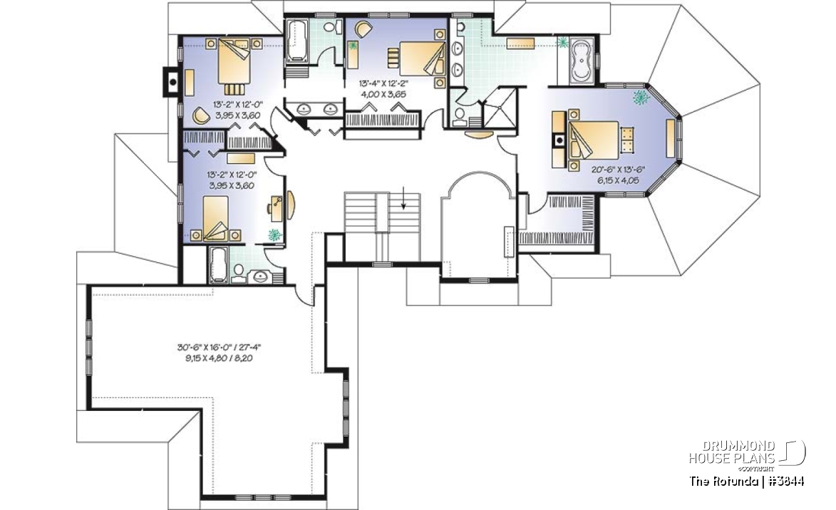 2nd level - Lakefront 4 to 5 bedroom house plan, 3-car garage, large bonus room, master suite, office, media room - The Rotunda
