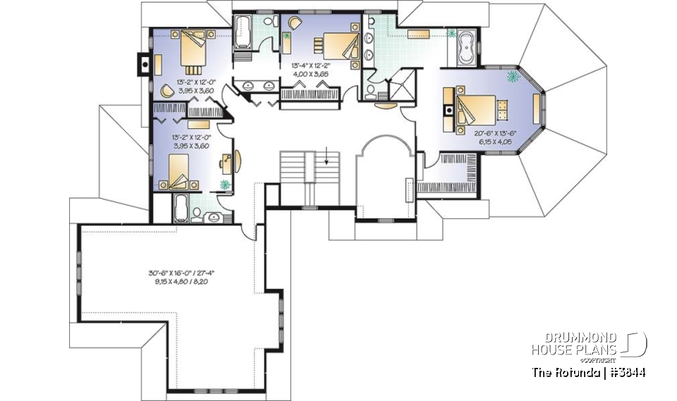 2nd level - Lakefront 4 to 5 bedroom house plan, 3-car garage, large bonus room, master suite, office, media room - The Rotunda