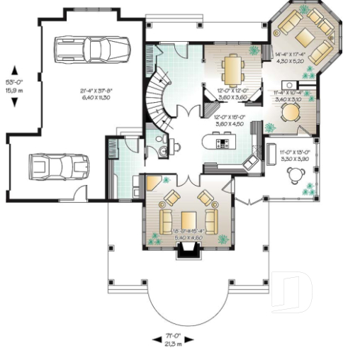 1st level - 4 bedroom barn style house plan, 3-car garage, 2 master suites, formal dining & living rooms, covered deck - Moretti
