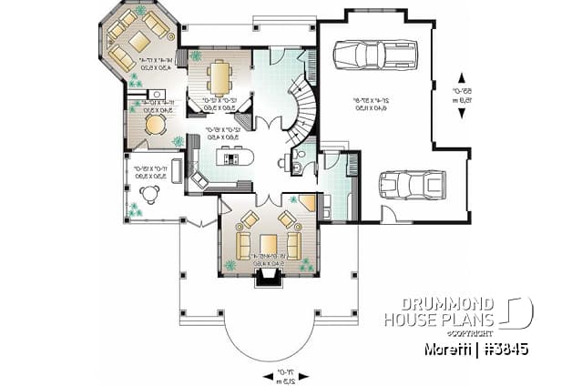 1st level - 4 bedroom barn style house plan, 3-car garage, 2 master suites, formal dining & living rooms, covered deck - Moretti