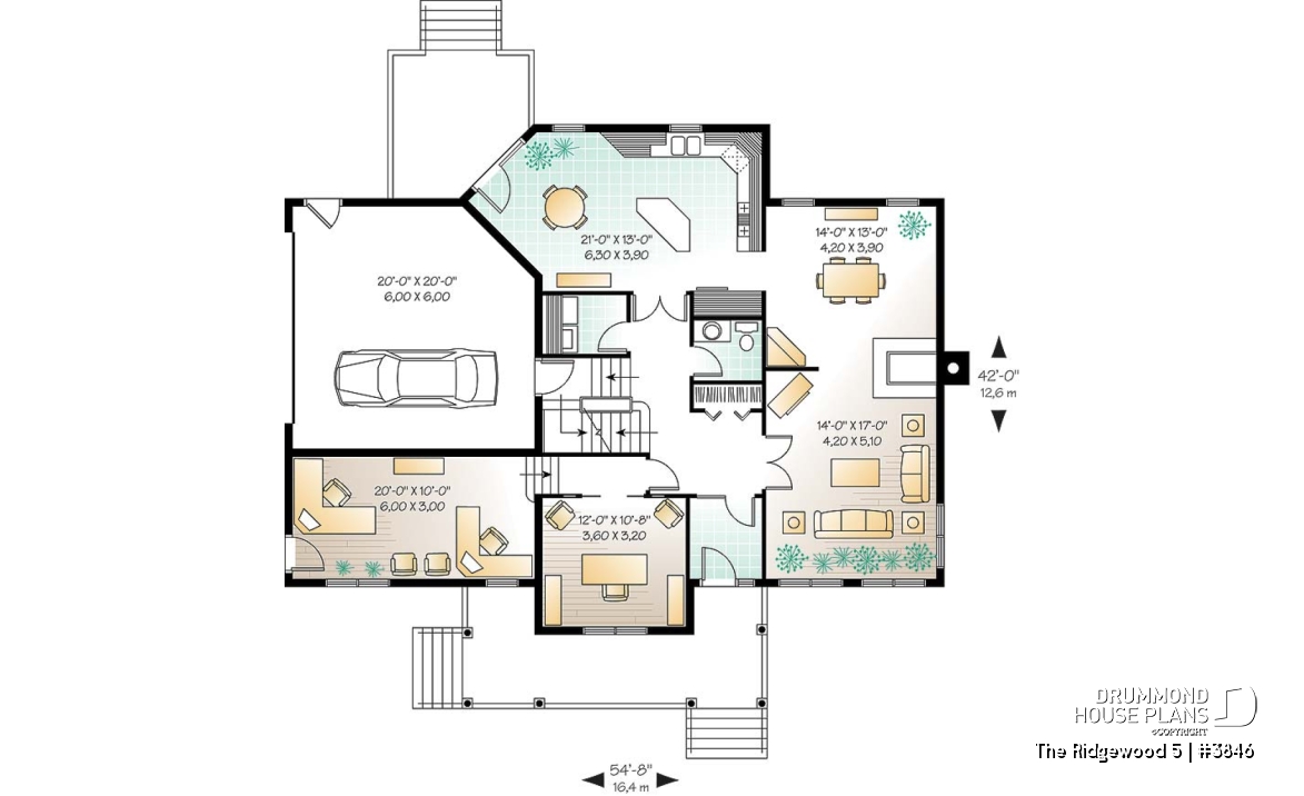 1st level - Country style house plan, 3 to 4 bedroom, 2 large home offices, sunroom, large bonus room - The Ridgewood 5