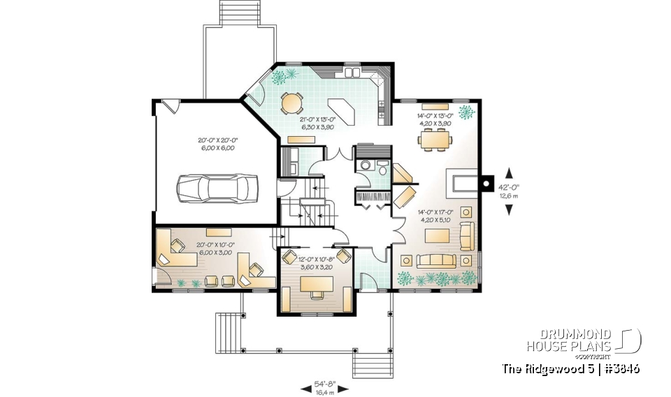 1st level - Country style house plan, 3 to 4 bedroom, 2 large home offices, sunroom, large bonus room - The Ridgewood 5