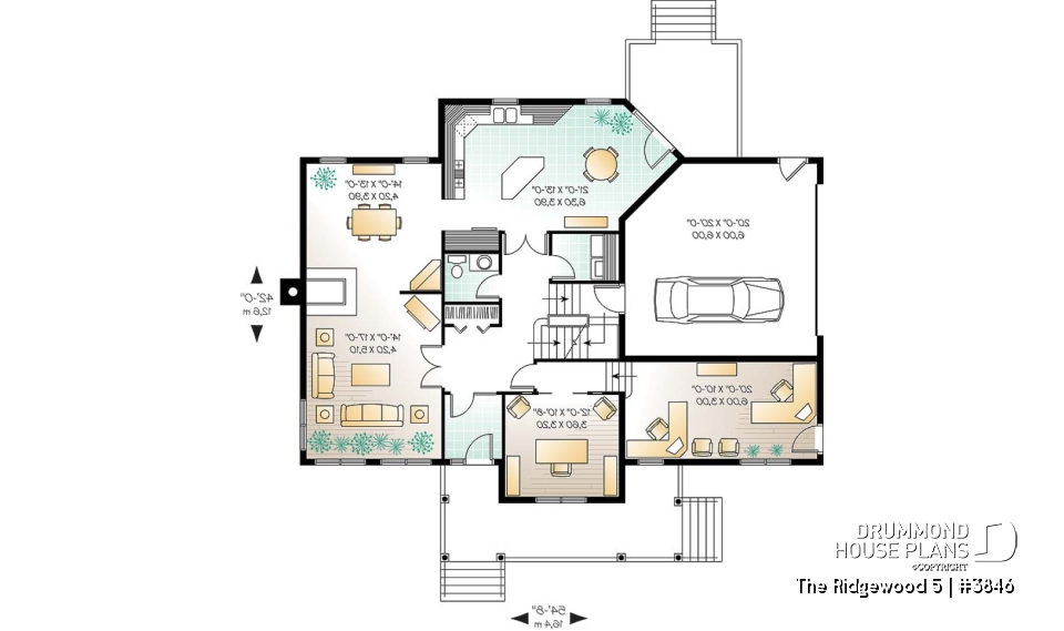 1st level - Country style house plan, 3 to 4 bedroom, 2 large home offices, sunroom, large bonus room - The Ridgewood 5
