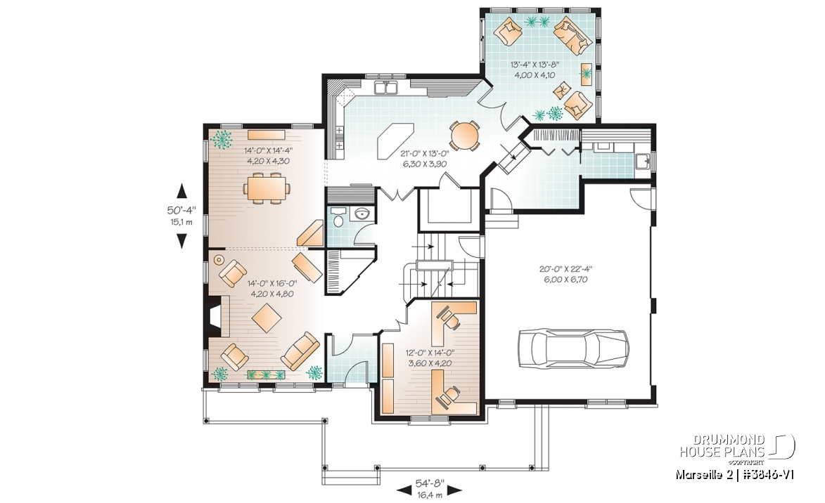1st level - Country home plan, 3 to 4 bedrooms, spacious home office, solarium, 2-car garage, pantry - Marseille 2