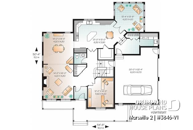 1st level - Country home plan, 3 to 4 bedrooms, spacious home office, solarium, 2-car garage, pantry - Marseille 2