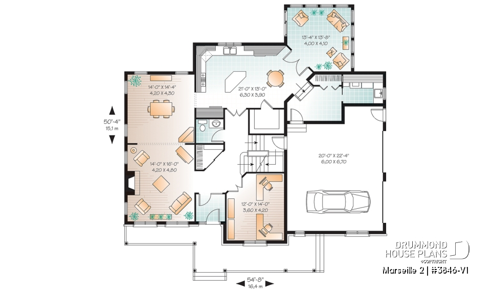 1st level - Country home plan, 3 to 4 bedrooms, spacious home office, solarium, 2-car garage, pantry - Marseille 2