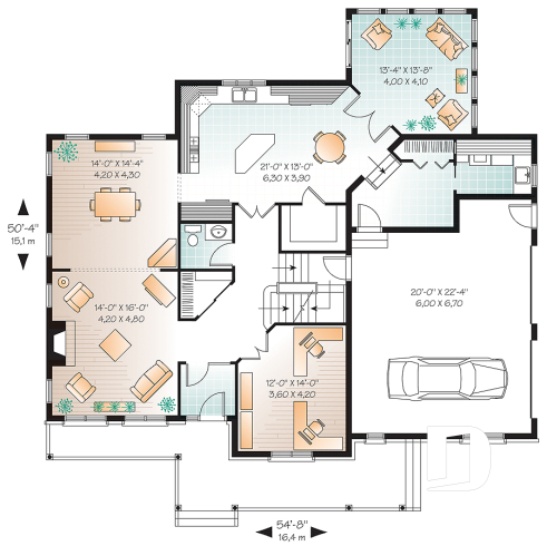 1st level - Country home plan, 3 to 4 bedrooms, spacious home office, solarium, 2-car garage, pantry - Marseille 2