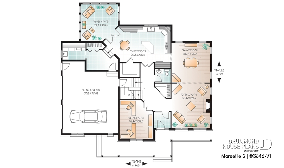 1st level - Country home plan, 3 to 4 bedrooms, spacious home office, solarium, 2-car garage, pantry - Marseille 2