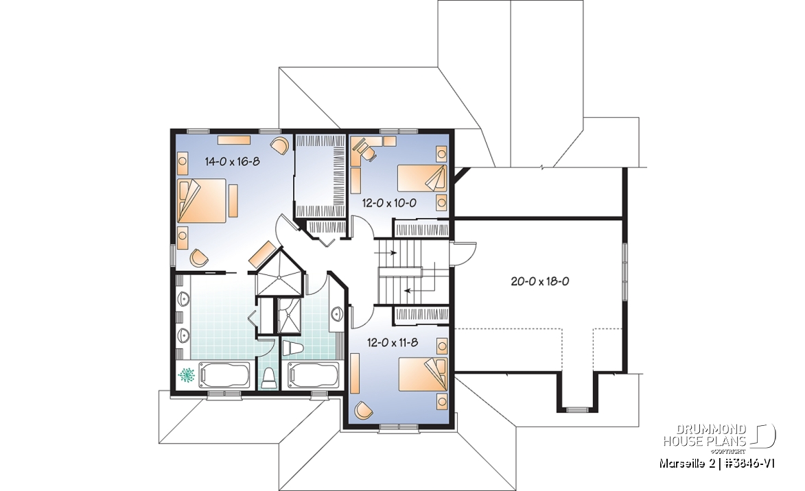 2nd level - Country home plan, 3 to 4 bedrooms, spacious home office, solarium, 2-car garage, pantry - Marseille 2