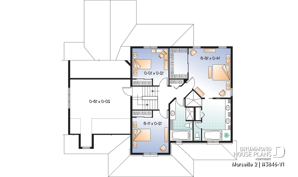 2nd level - Country home plan, 3 to 4 bedrooms, spacious home office, solarium, 2-car garage, pantry - Marseille 2