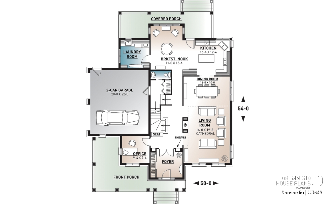 1st level - Classic style 4 bedroom house plan, home office, breakfast nook, large laundry room, master suite, 4 beds - Concordia