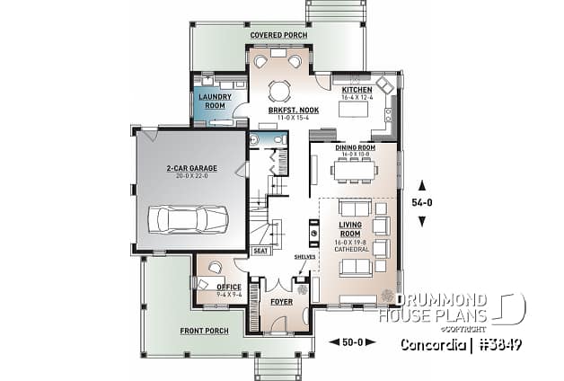 1st level - Classic style 4 bedroom house plan, home office, breakfast nook, large laundry room, master suite, 4 beds - Concordia
