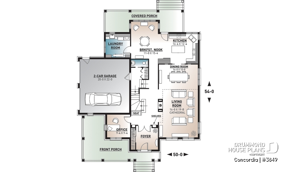 1st level - Classic style 4 bedroom house plan, home office, breakfast nook, large laundry room, master suite, 4 beds - Concordia