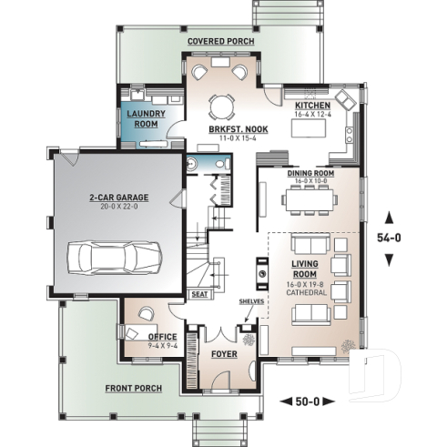 1st level - Classic style 4 bedroom house plan, home office, breakfast nook, large laundry room, master suite, 4 beds - Concordia