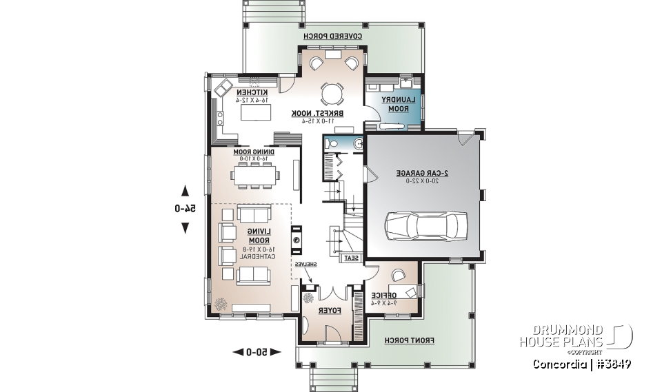 1st level - Classic style 4 bedroom house plan, home office, breakfast nook, large laundry room, master suite, 4 beds - Concordia