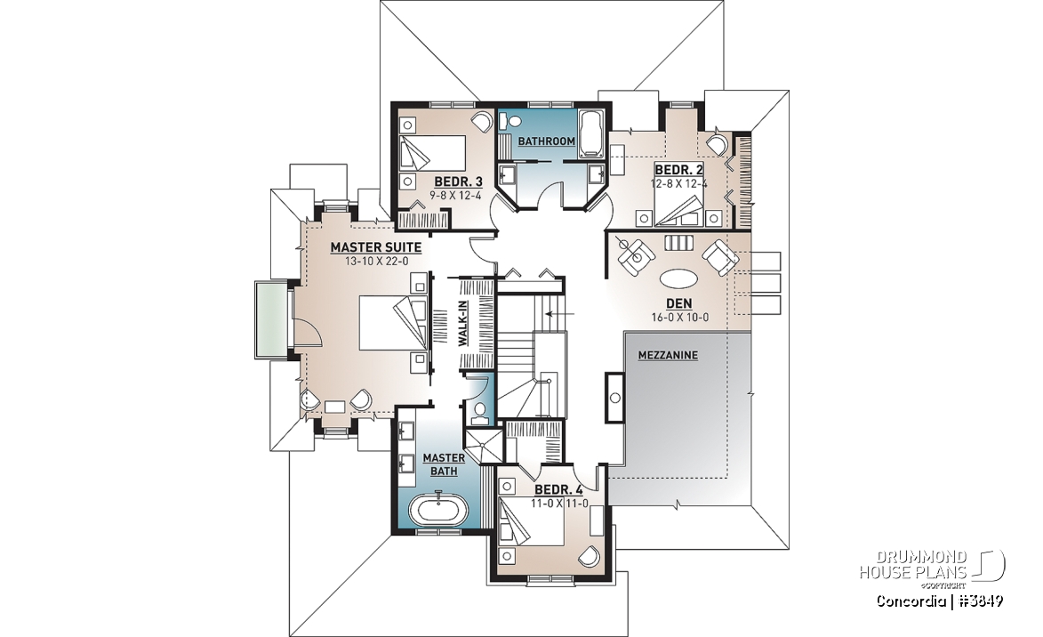 2nd level - Classic style 4 bedroom house plan, home office, breakfast nook, large laundry room, master suite, 4 beds - Concordia