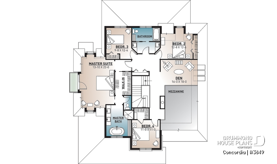 2nd level - Classic style 4 bedroom house plan, home office, breakfast nook, large laundry room, master suite, 4 beds - Concordia