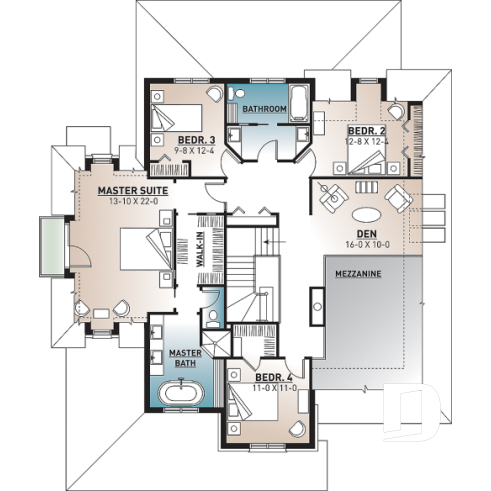 2nd level - Classic style 4 bedroom house plan, home office, breakfast nook, large laundry room, master suite, 4 beds - Concordia
