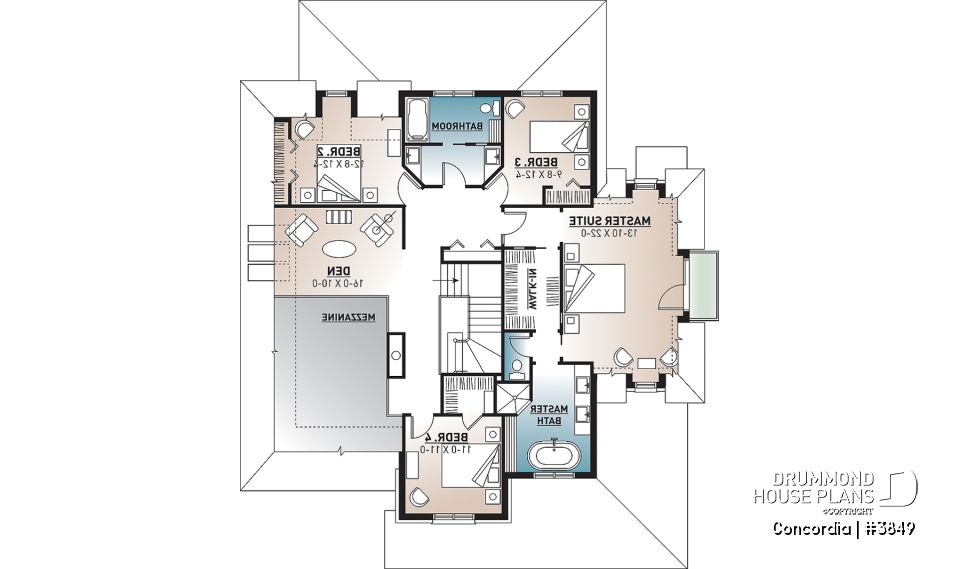 2nd level - Classic style 4 bedroom house plan, home office, breakfast nook, large laundry room, master suite, 4 beds - Concordia