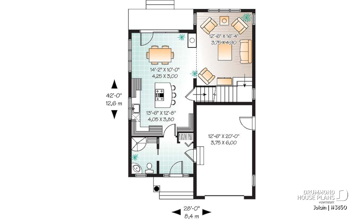 1st level - Affordable Narrow lot Tudor house plan, mezzanine, laundry on 2nd floor, open floor plan - Jolain