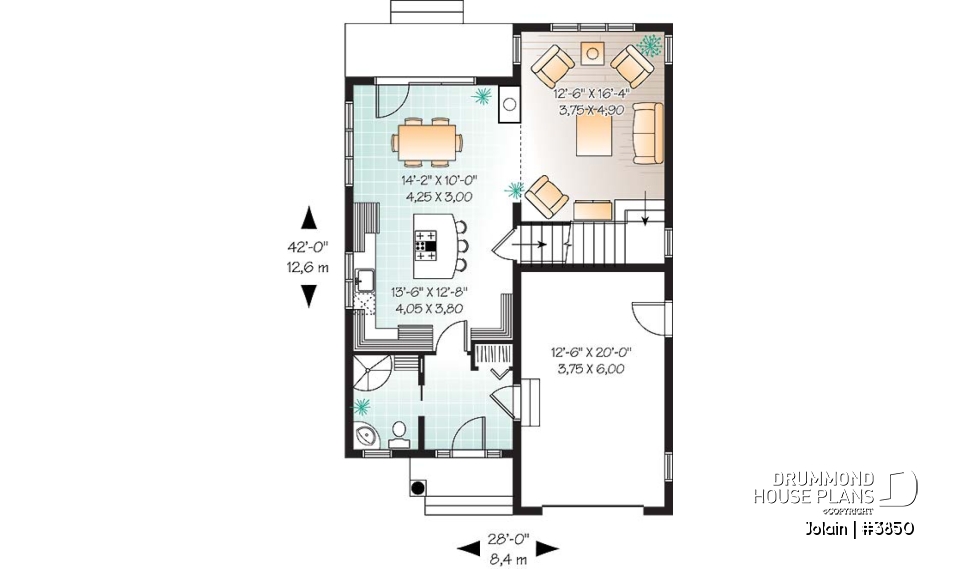 1st level - Affordable Narrow lot Tudor house plan, mezzanine, laundry on 2nd floor, open floor plan - Jolain