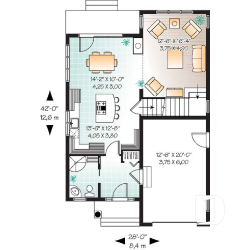 1st level - Affordable Narrow lot Tudor house plan, mezzanine, laundry on 2nd floor, open floor plan - Jolain