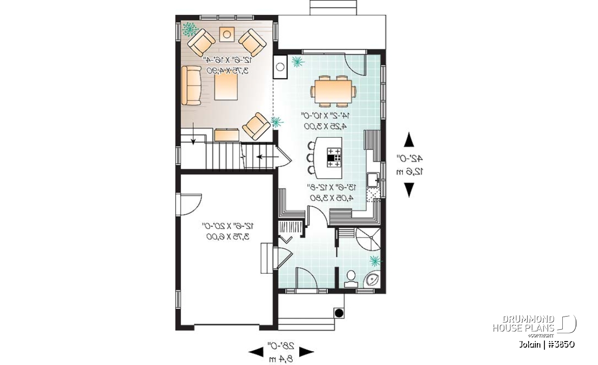 1st level - Affordable Narrow lot Tudor house plan, mezzanine, laundry on 2nd floor, open floor plan - Jolain
