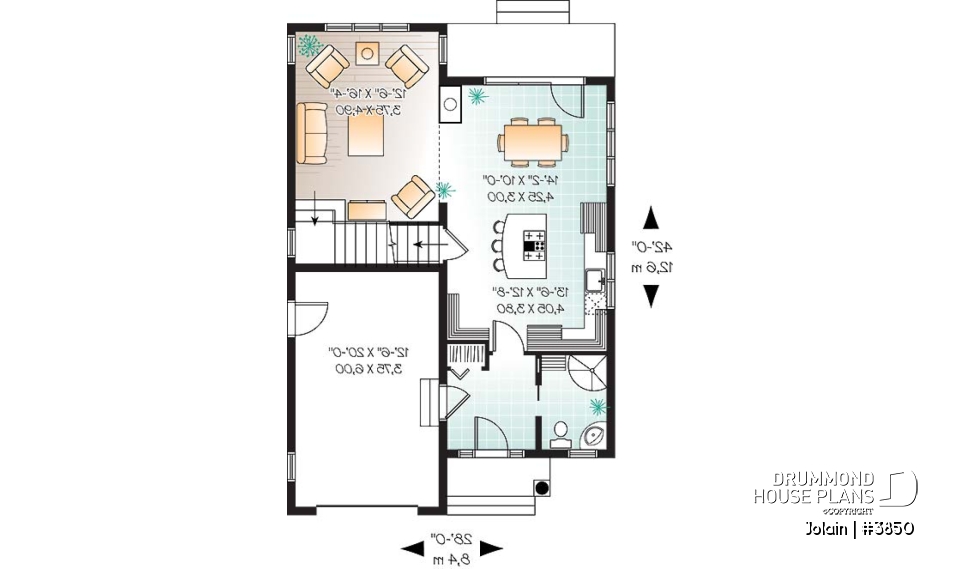 1st level - Affordable Narrow lot Tudor house plan, mezzanine, laundry on 2nd floor, open floor plan - Jolain