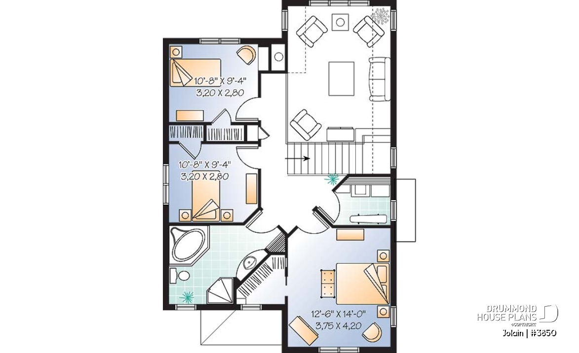 2nd level - Affordable Narrow lot Tudor house plan, mezzanine, laundry on 2nd floor, open floor plan - Jolain