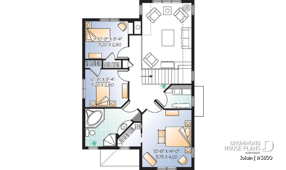 2nd level - Affordable Narrow lot Tudor house plan, mezzanine, laundry on 2nd floor, open floor plan - Jolain