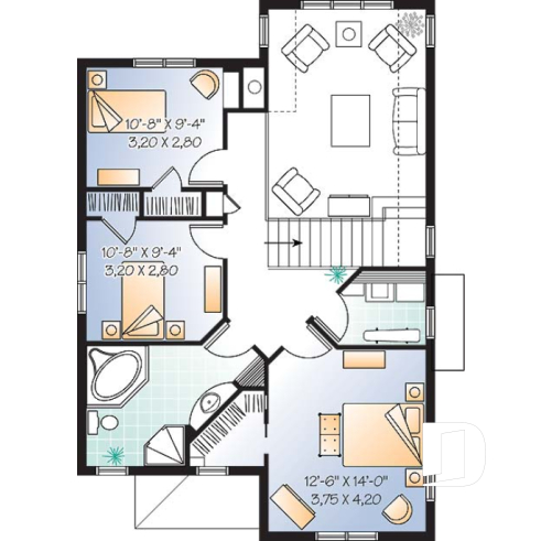 2nd level - Affordable Narrow lot Tudor house plan, mezzanine, laundry on 2nd floor, open floor plan - Jolain
