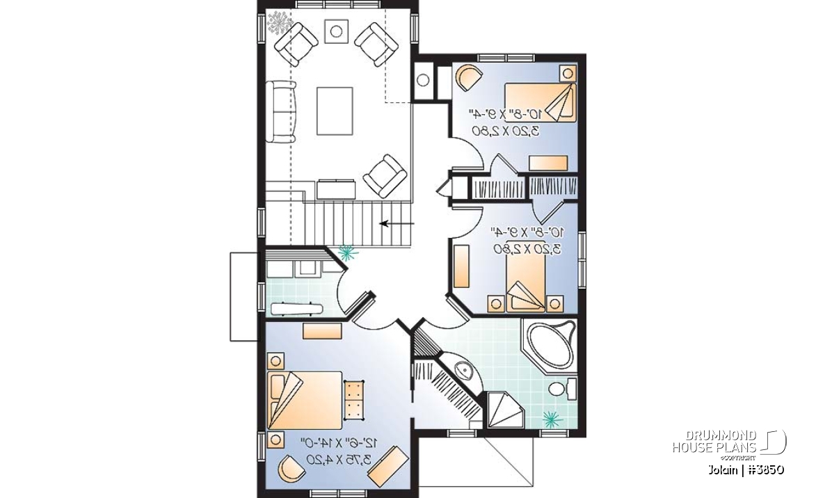2nd level - Affordable Narrow lot Tudor house plan, mezzanine, laundry on 2nd floor, open floor plan - Jolain