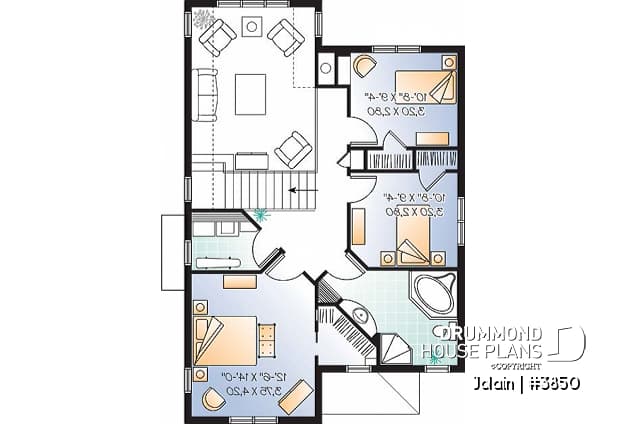 2nd level - Affordable Narrow lot Tudor house plan, mezzanine, laundry on 2nd floor, open floor plan - Jolain