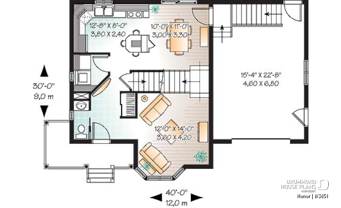 1st level - 3 bedroom victorian house plan with garage, great kitchen, laundry room on main floor - Honor