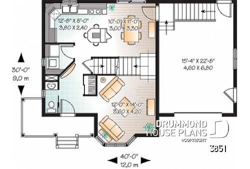 1st level - 3 bedroom victorian house plan with garage, great kitchen, laundry room on main floor - Honor
