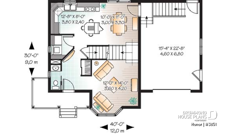 1st level - 3 bedroom victorian house plan with garage, great kitchen, laundry room on main floor - Honor