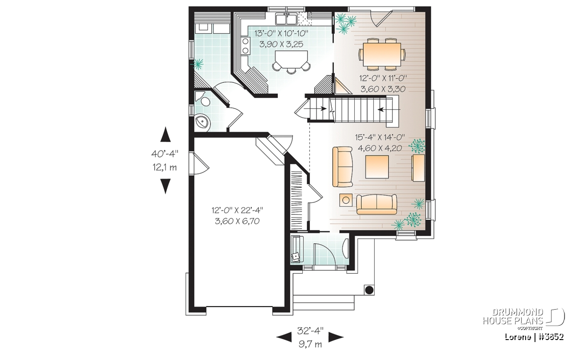 1st level - Luxury english style house plan, 3 bedrooms, 15' ceiling, garage - Lorene