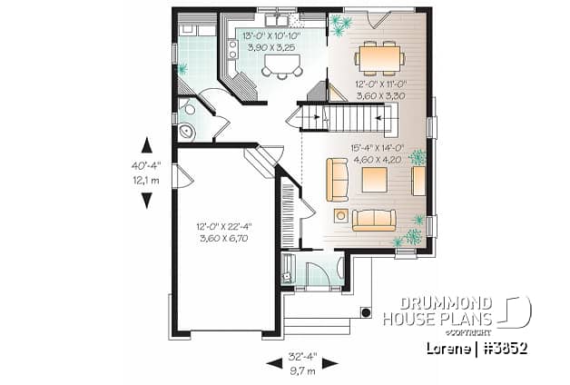 1st level - Luxury english style house plan, 3 bedrooms, 15' ceiling, garage - Lorene