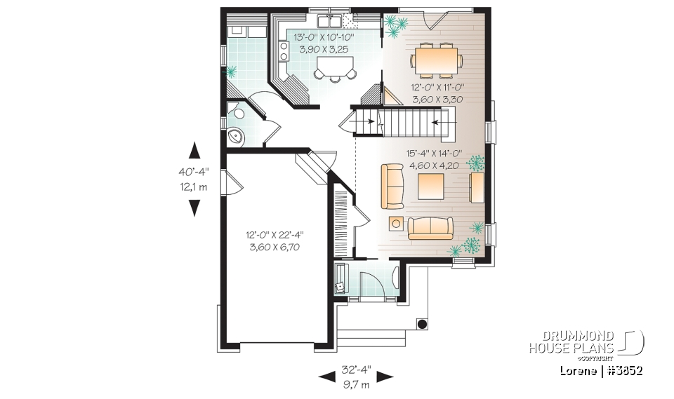 1st level - Luxury english style house plan, 3 bedrooms, 15' ceiling, garage - Lorene