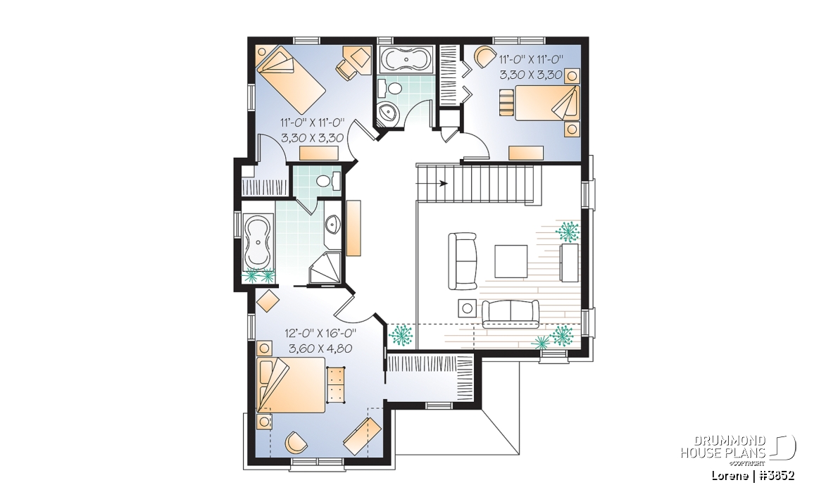 2nd level - Luxury english style house plan, 3 bedrooms, 15' ceiling, garage - Lorene