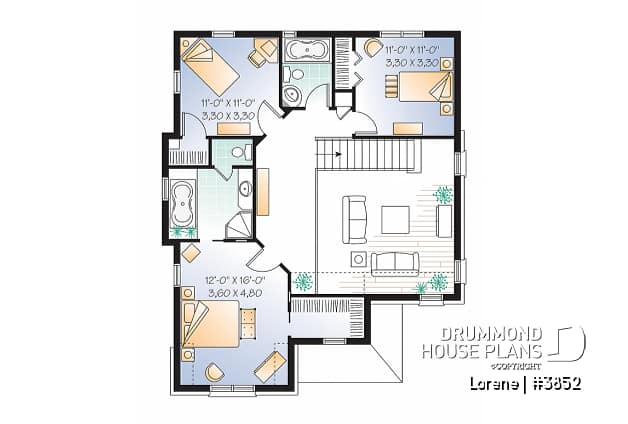 2nd level - Luxury english style house plan, 3 bedrooms, 15' ceiling, garage - Lorene
