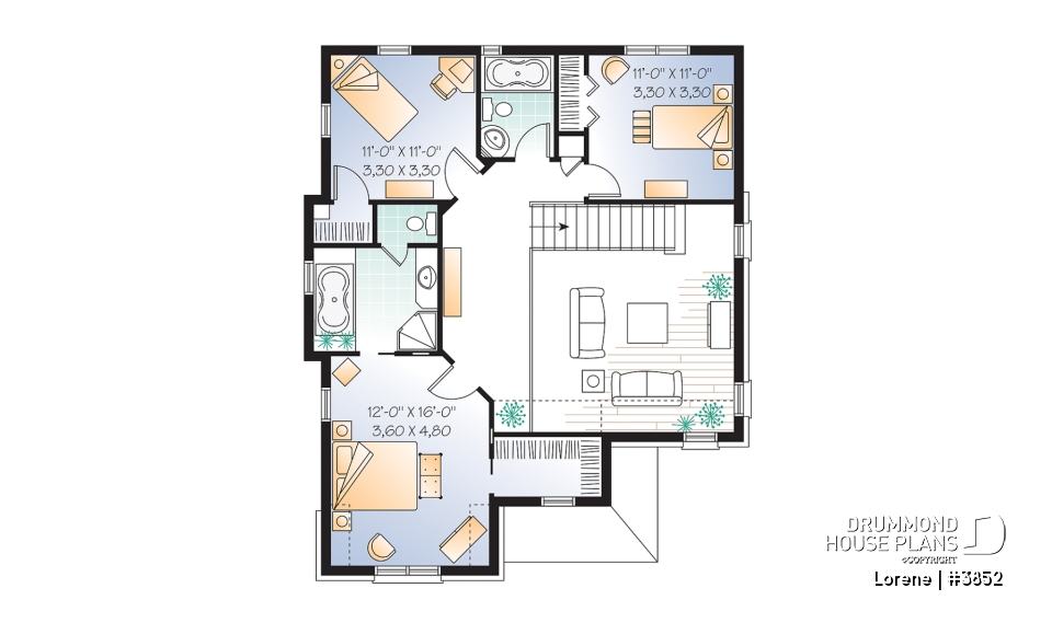 2nd level - Luxury english style house plan, 3 bedrooms, 15' ceiling, garage - Lorene