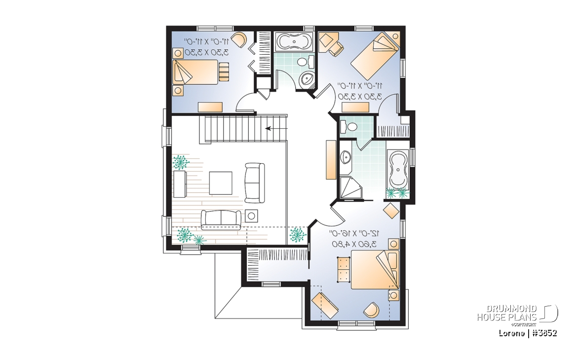 2nd level - Luxury english style house plan, 3 bedrooms, 15' ceiling, garage - Lorene